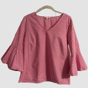 Jane and Delancey Pink Checked V-Neck Blouse Top 3/4 Bell Sleeves Size Medium